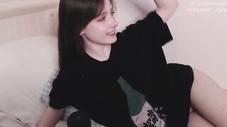 Justyourwaifu cute young brunette in a black t-shirt erotically touches her small tits and jerks off her wet vaginal slit 2021-10-01 16:49