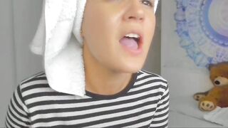 Sugar troubl3 sweet girl with a towel on her head caresses her tits in a striped blouse and masturbates her horny wet pussy 2019-06-15 20:11