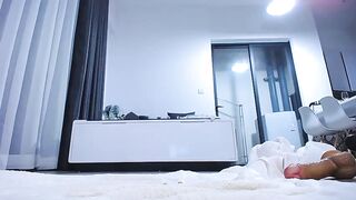 Lavender asian girl with a shaggy vagina rides a huge rubber dildo 2020-03-06