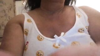 Infinity70 plump lady lies on the bed, touches her huge boobs and caresses her soft pussy in gray panties 2019-06-18 20:14