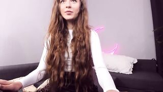 Purple_baby curly-haired teen in white sweater and leather skirt touches her small nude boobs 2020-09-15 19:20