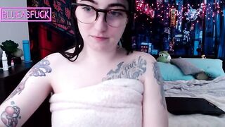 Blueasfuck tattooed brunette jerks off pussy in the shower and sucks rubber dick 2019-03-03